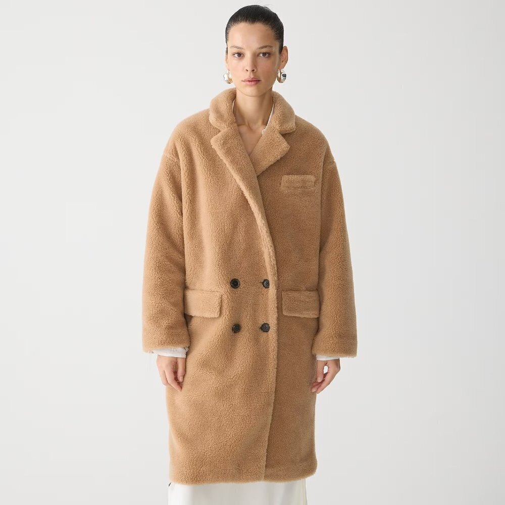 NWT J.Crew Relaxed Topcoat in Teddy Brown Sherpa Blend Furry Cozy Coat Jacket M